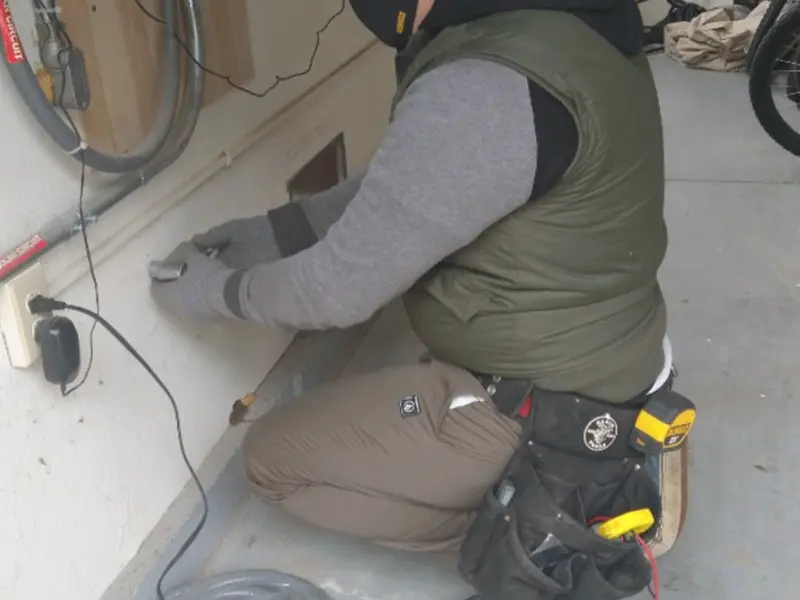 Electrician performing outlet wiring in a Hinesburg garage